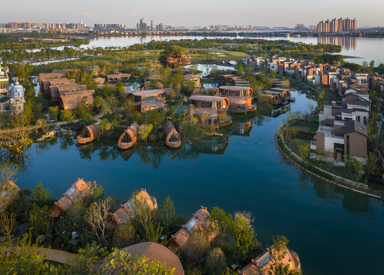 Aerial photo of lakeside resort