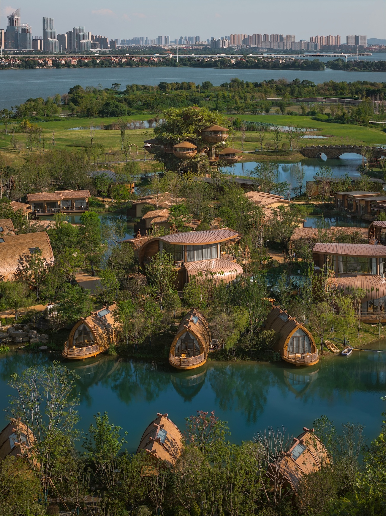 Aerial photo of lakeside resort.