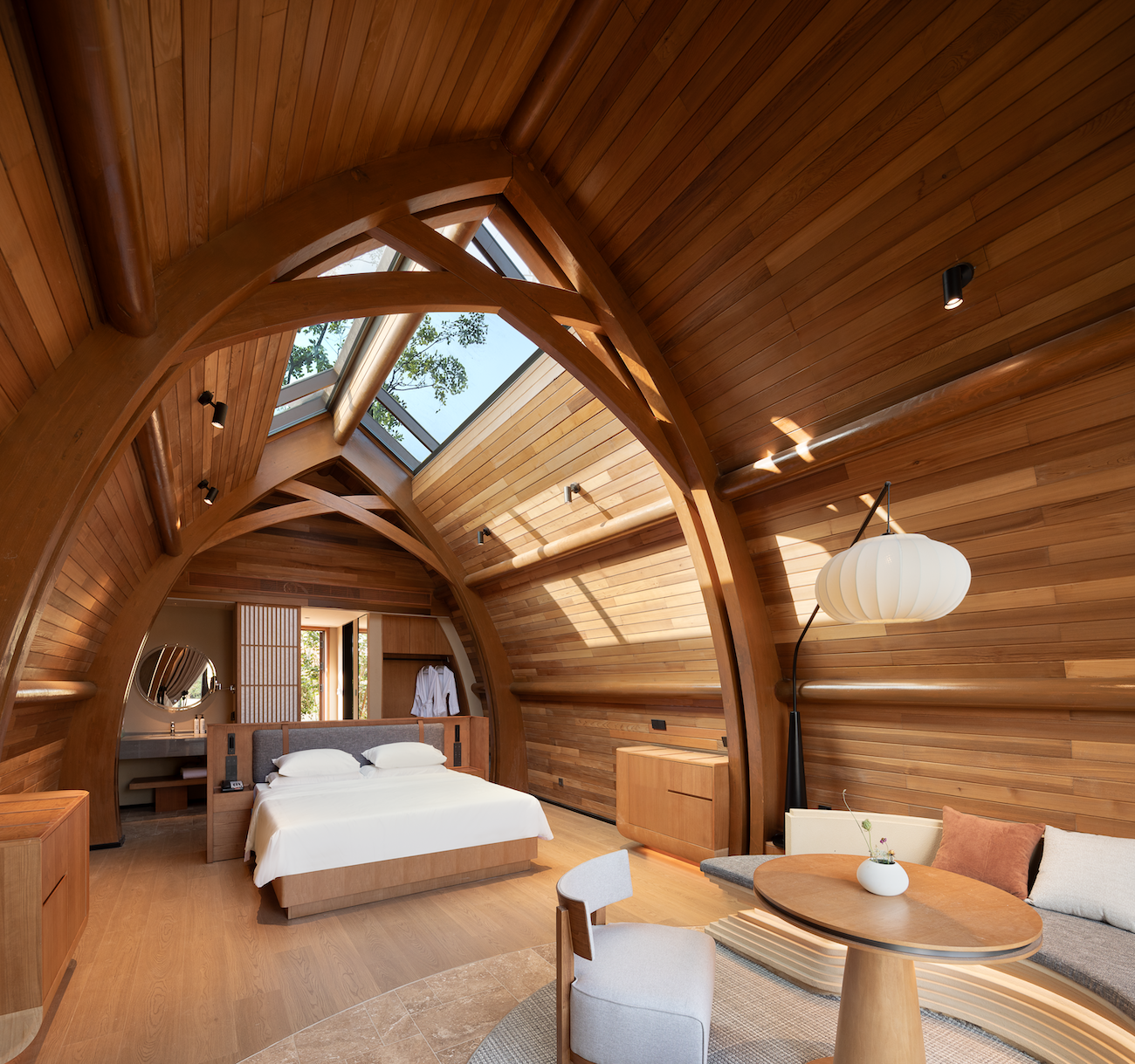 Wood-paneled hotel room.