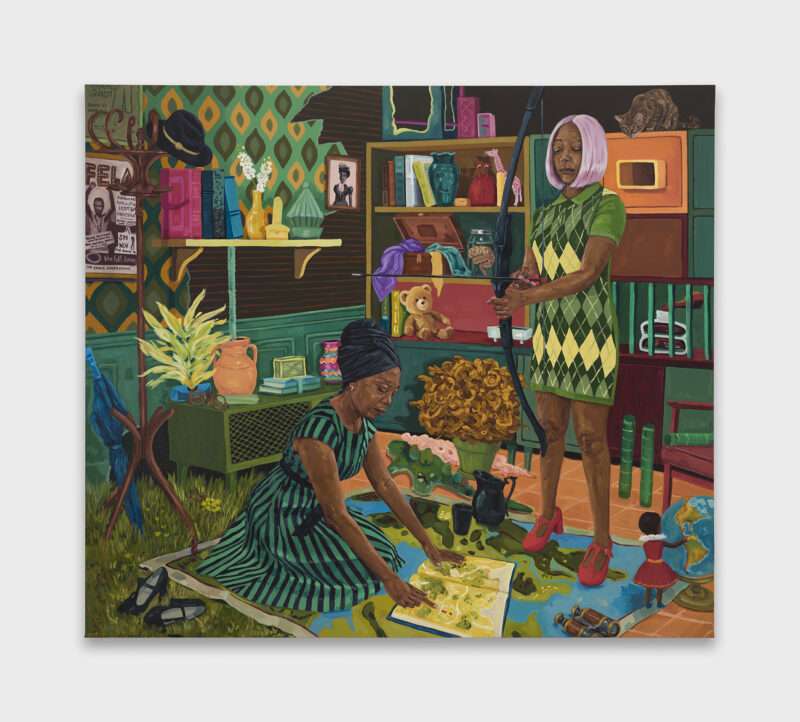 Two women in a colorful, vintage-style room with patterned walls, echoing Wangari Mathenge’s Re-membering, surrounded by books, toys, and eclectic objects.