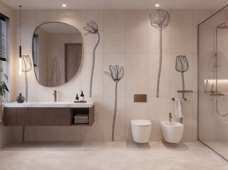 Modern bathroom with a floating vanity, asymmetrical mirror, wall-mounted toilet and bidet, and large-scale line-art flower decals on the tiled wall.