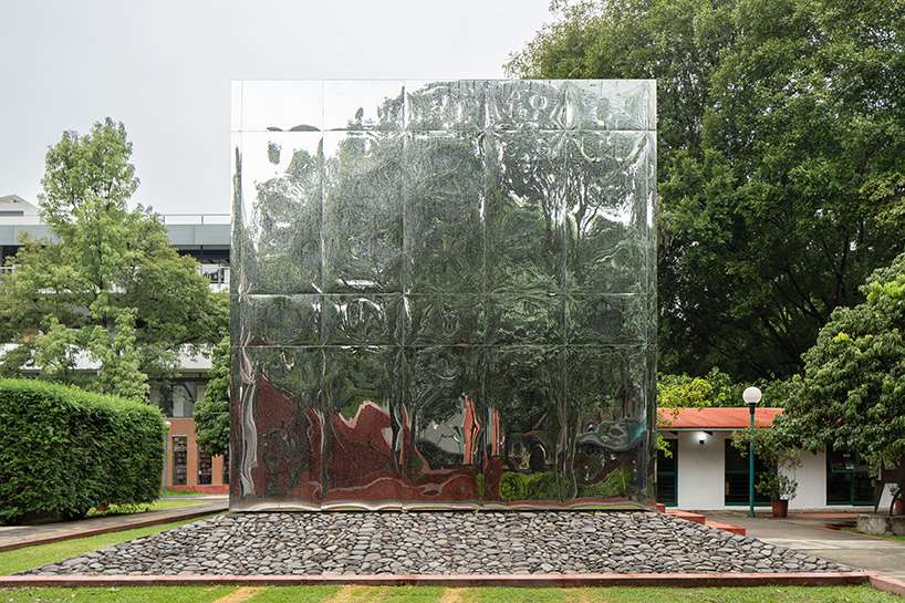 mirrored acrylic skin dissolves cube pavilion into its surroundings in mexico - 1