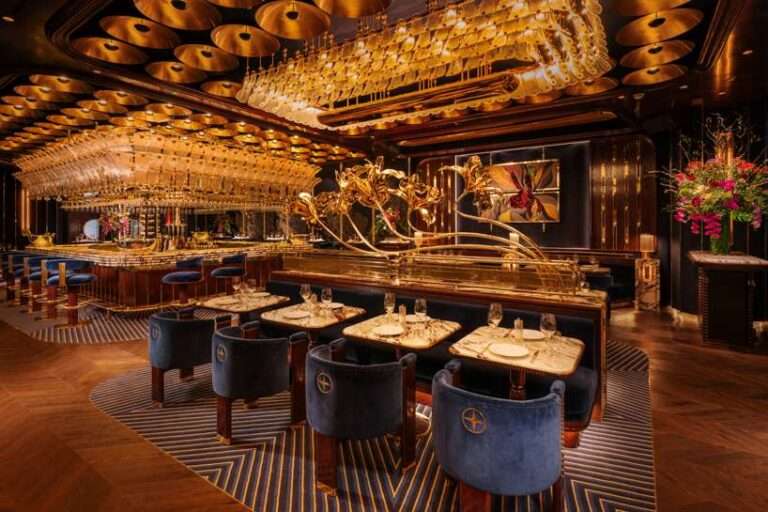 sculptural brass petals and silk embroideries detail isabel mayfair restaurant in abu dhabi